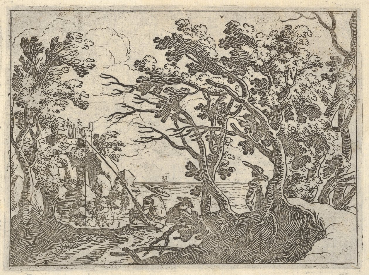 Landskab med landfisker og mandlig tilskuer under træer, en mand i en bådstævn..., ca. 1620-50. af Remigio Cantagallina