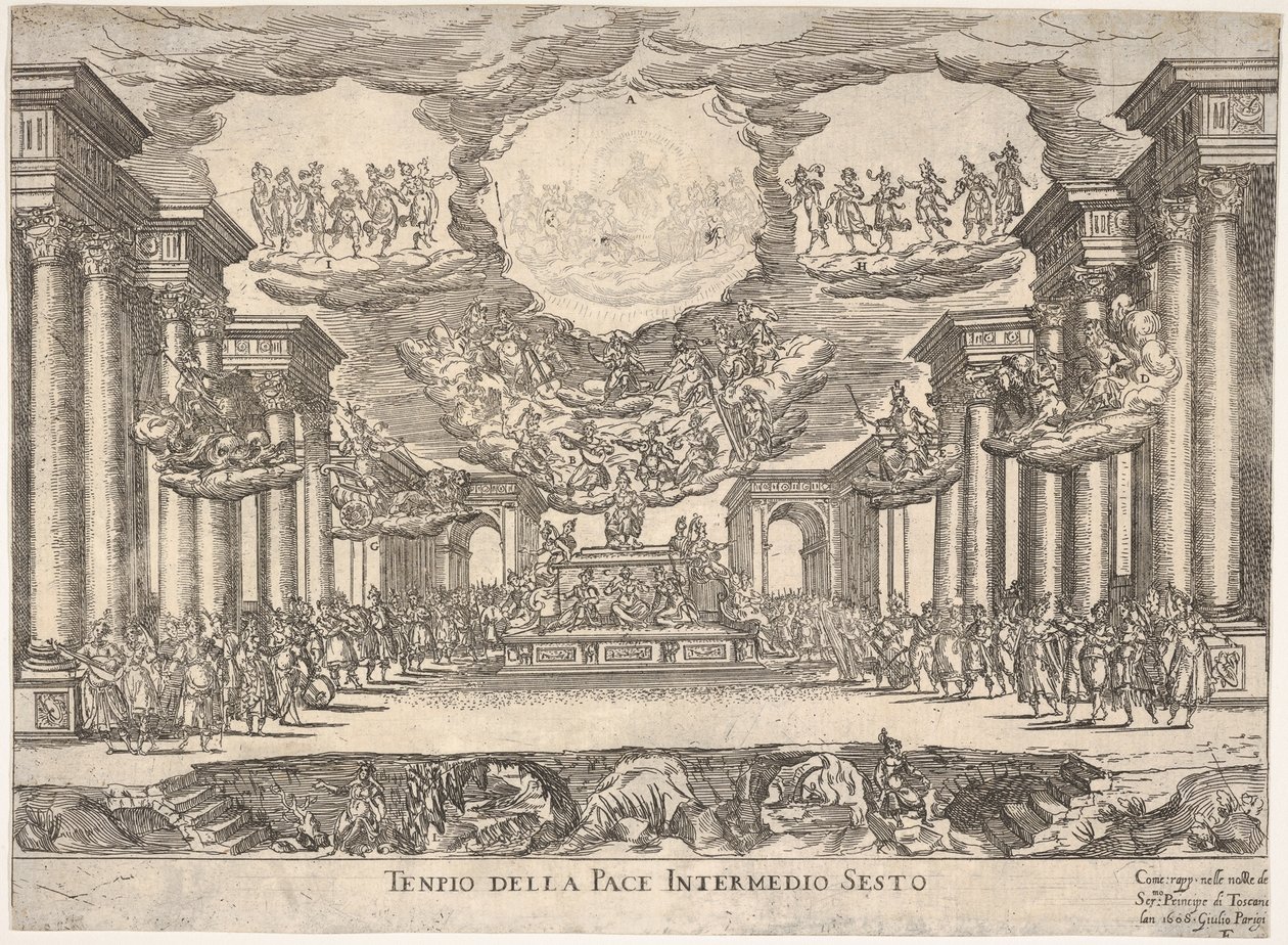Sjette mellemspil: fredens tempel Intermedio sesto: tempio della pace, fra serien S..., 1608. af Remigio Cantagallina