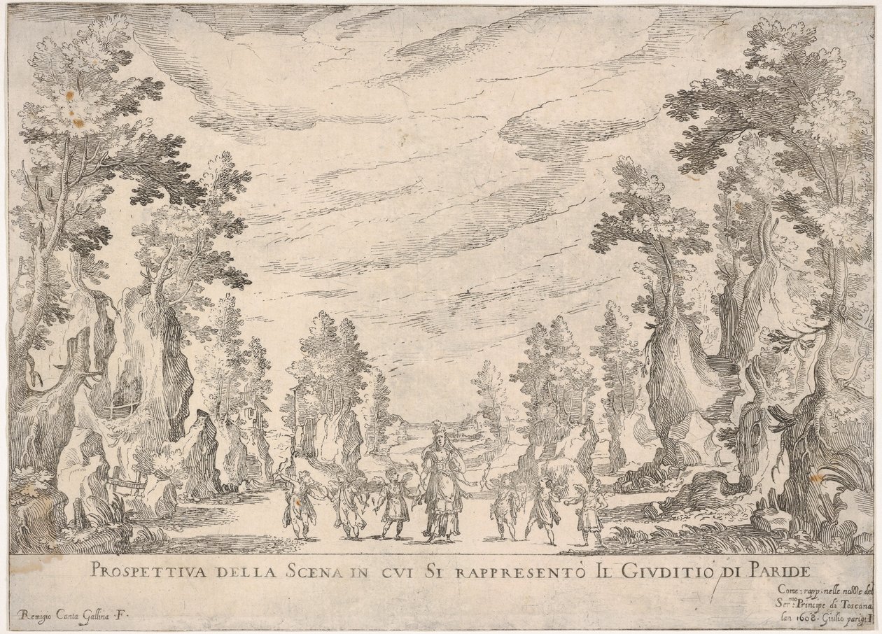 Udsigt over scenen, hvori er repræsenteret dommen i Paris Prospettiva della scena i..., 1608. af Remigio Cantagallina