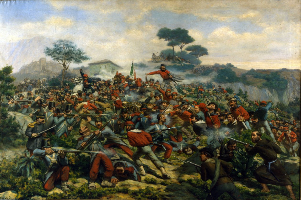 Risorgimento: slaget ved Calatafimi på Sicilien mellem tropperne fra Giuseppe Garibaldi (1807-1882), Tusinden og hæren af Kongeriget af de to Sicilier af Remigio Legat