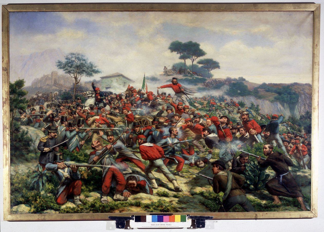 Risorgimento: slaget ved Calatafimi på Sicilien modsat tropperne fra Giuseppe Garibaldi (1807-1882), Tusind har hæren af Kongeriget af de to Sicilier, 15/05/1860 Maleri af Remigio Legat. Museo del Risorgimento. Milano af Remigio Legat