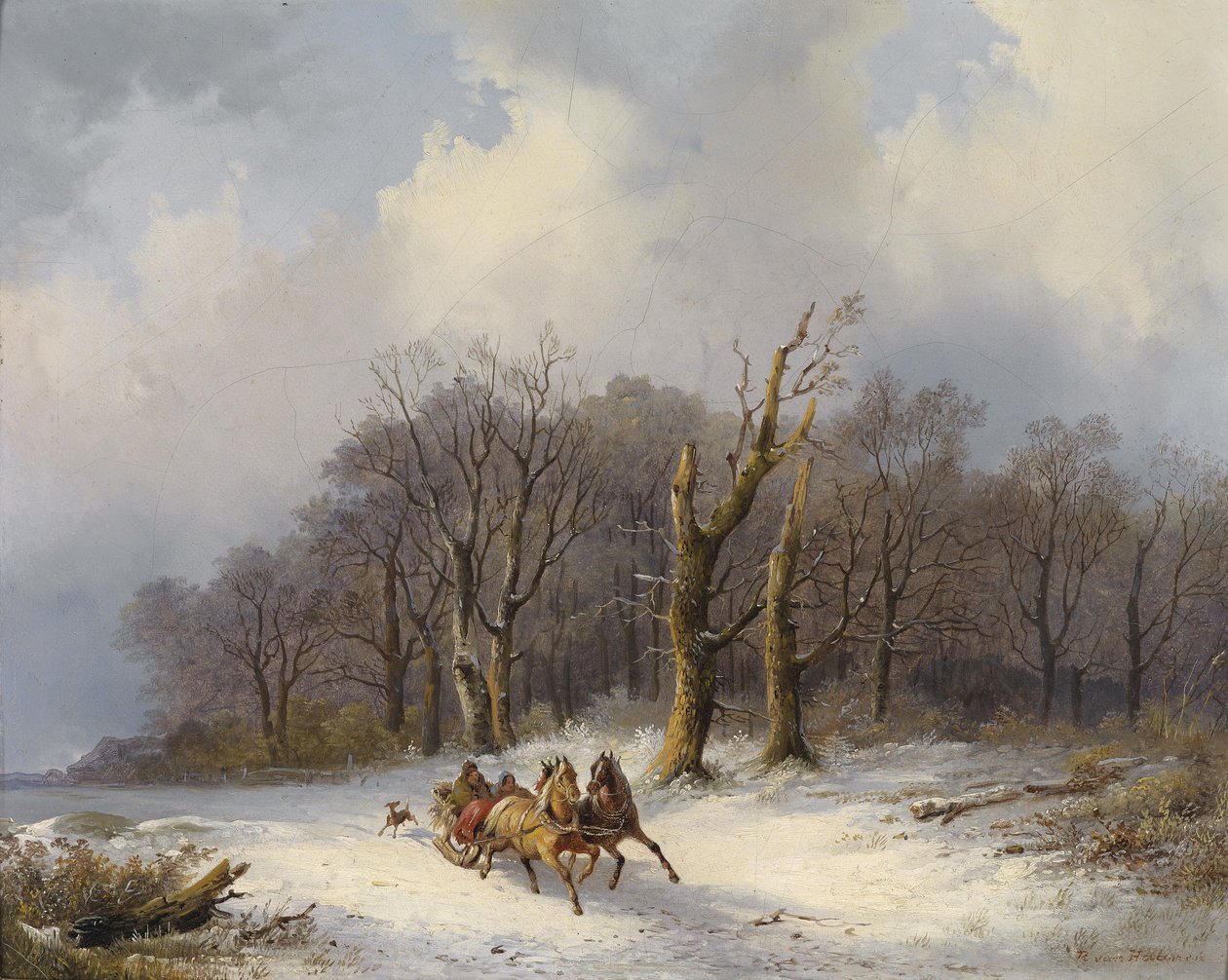 Vinterlandskab med en hestetrue i forgrunden af Remigius Adrianus Haanen