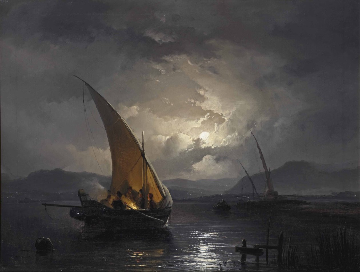 Et nattelandskab med en sejlbåd, hvor der tændes et bål af Remigius Adrianus Haanen