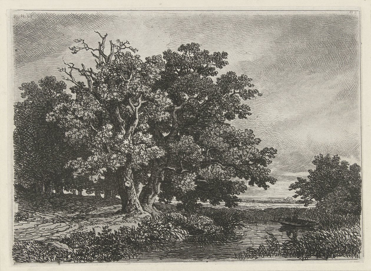 Træer ved en vandpyt med en båd af Remigius Adrianus Haanen