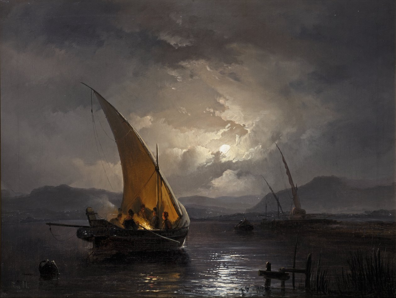 Et natlandskab med en sejlbåd, hvor der tændes bål, efter 1860 (olie på lærred) af Remigius van Haanen