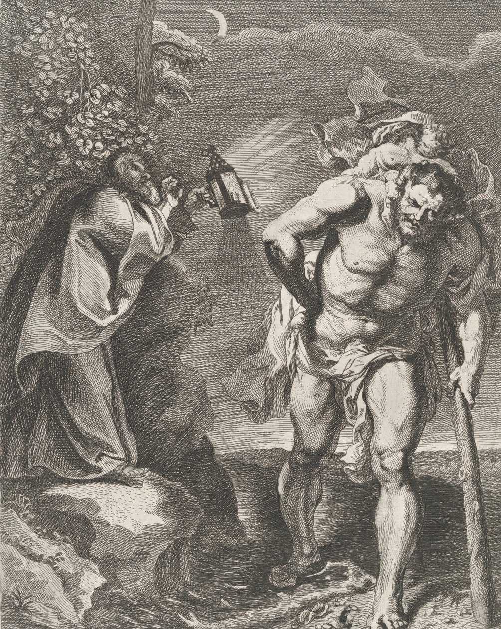 Sankt Christopher bærer Kristusbarnet over en å, en anden mand holder en ..., ca. 1636-80. af Remoldus Eynhoudts