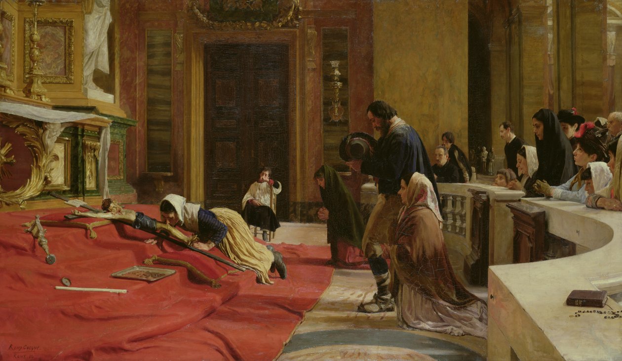 Krybende til korset langfredag ved kirken San Carlo ai Catinari, Rom, 1884 af Remy Cogghe