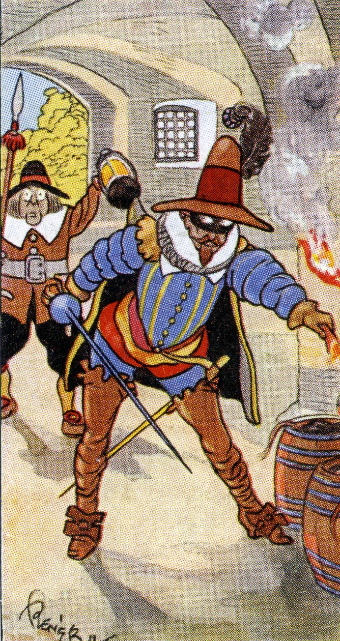 Opdagelse af Krudtplottet og tilfangetagelse af Guy Fawkes, 1936 af René Bull