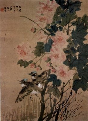 Fugle på en blomstrende busk (blæk og wc på papir) af Ren Yi 1840 96 Ren Yi 1840 96