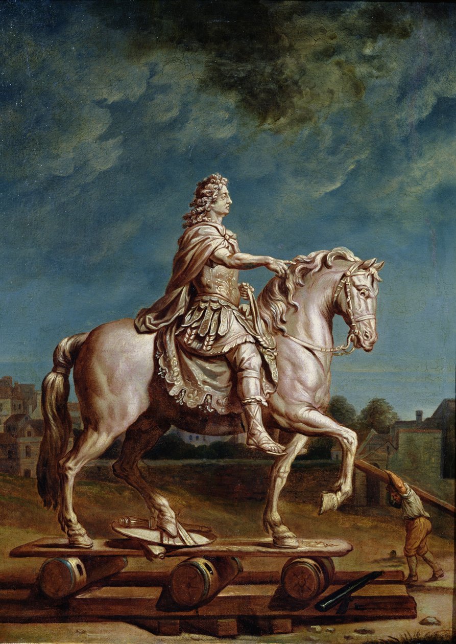 Transport af rytterstatuen af Ludvig XIV fra værkstedet i Capucines kloster i 1669, efter 1669 af René Antoine Houasse