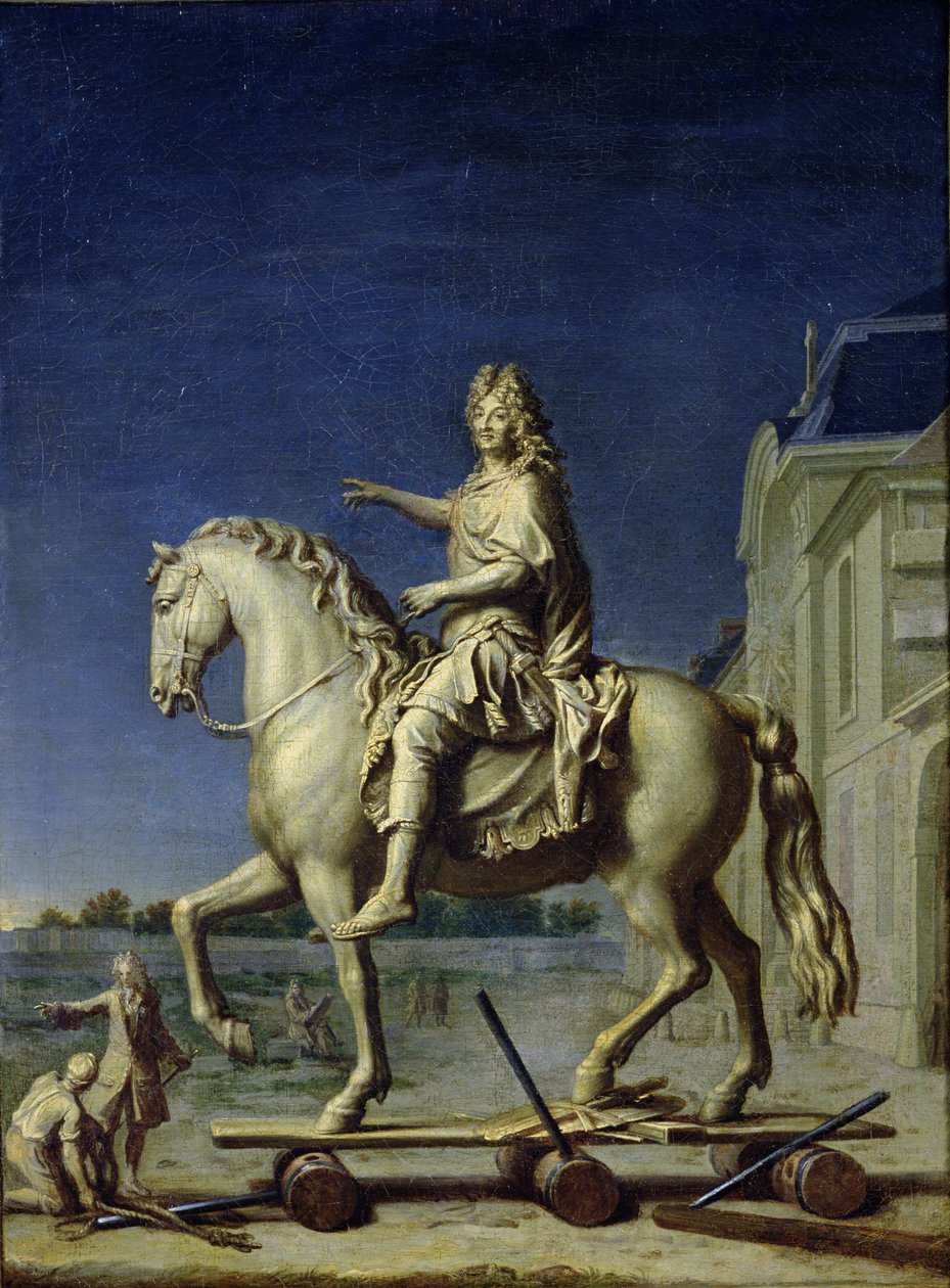 Transport af rytterstatuen af Ludvig XIV til Place Vendome i 1699, efter 1669 af René Antoine Houasse