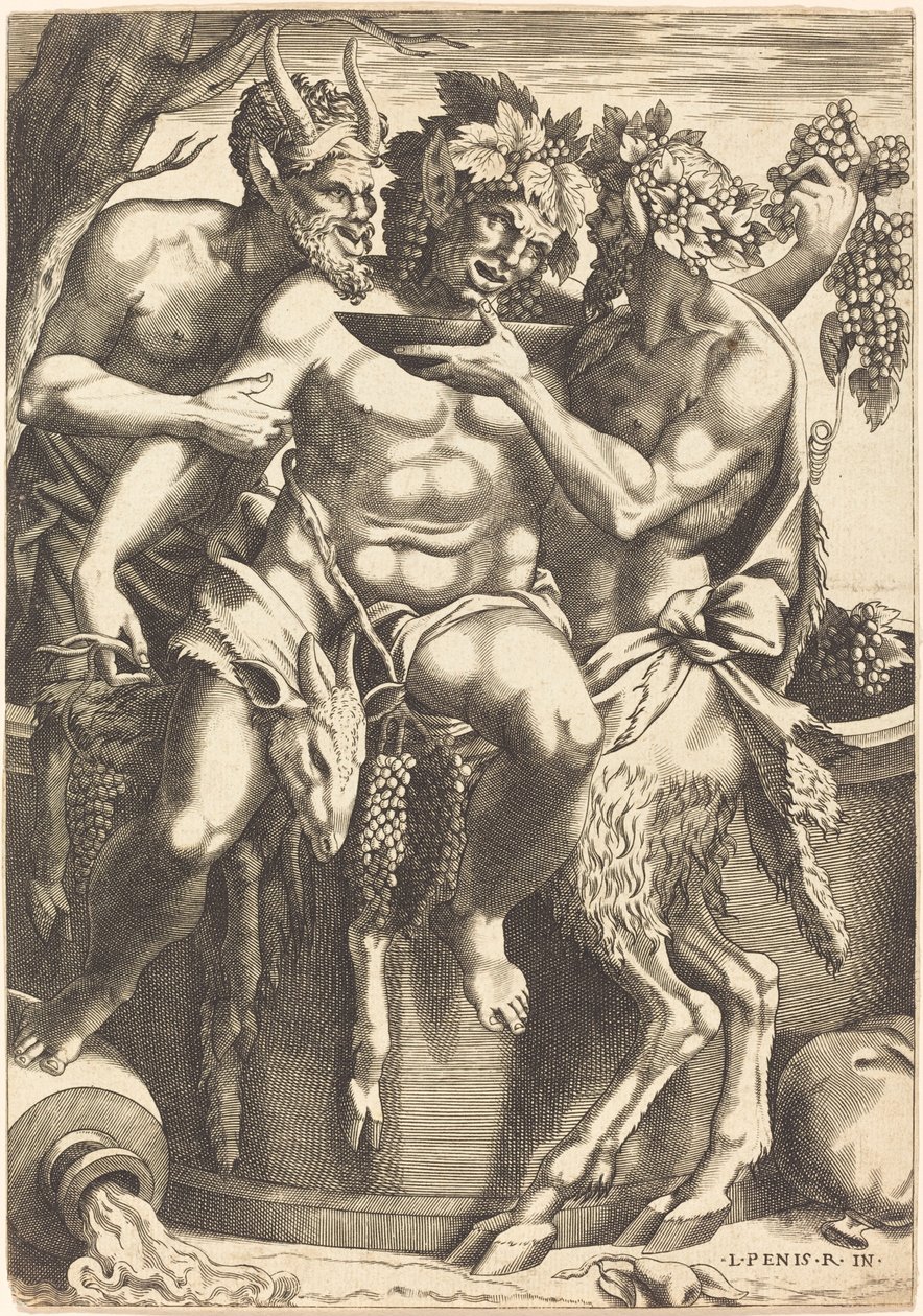 To Satyrer, der giver Bacchus at drikke af René Boyvin after Luca Penni