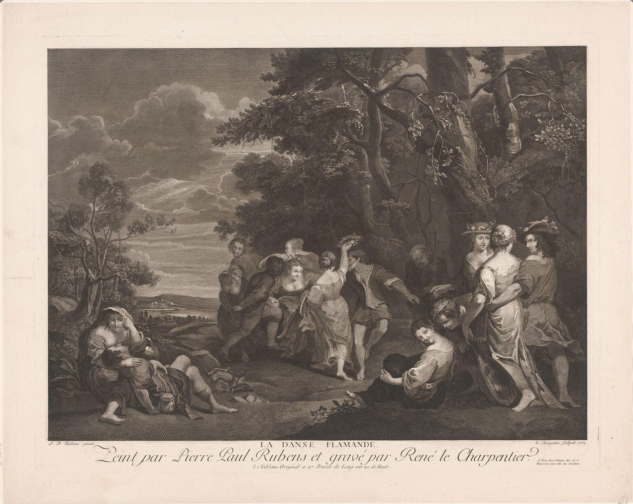 Landskab med dansende figurer La danse flamande (titel på objekt) af René Jacques Le Charpentier