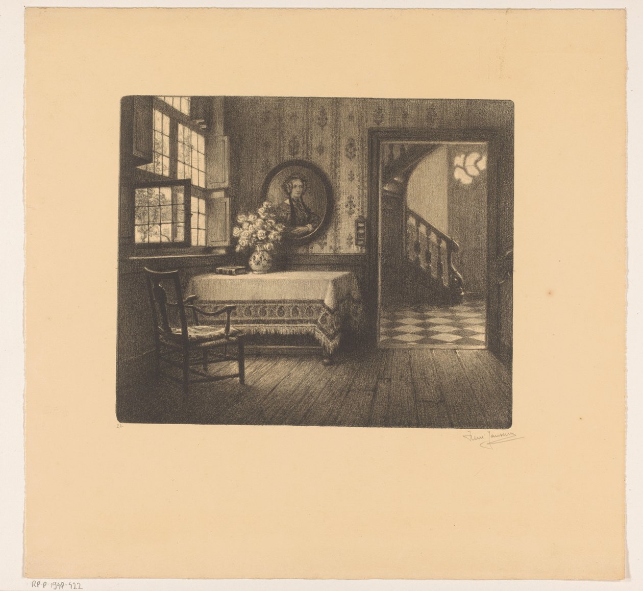 Interiør med portræt, bord og udsigt til en korridor af René Janssens (signed by artist)