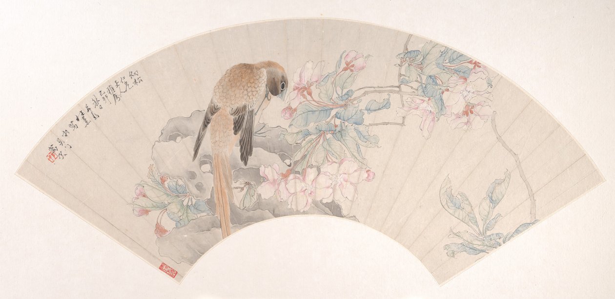 Fugl på en klippe ved en blomstrende gren, dateret 1879. af Ren Xun