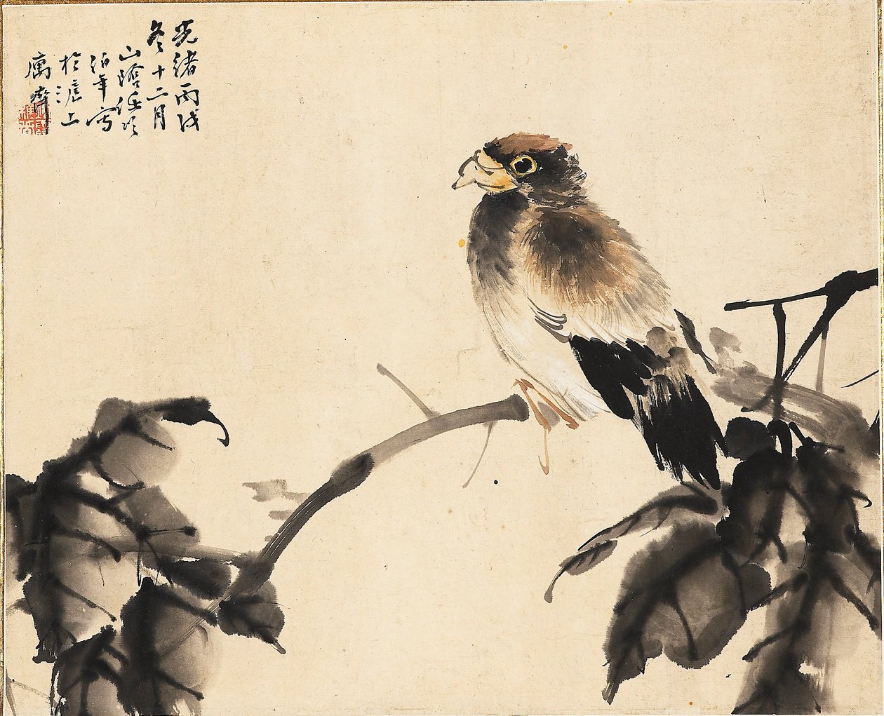 Fugl på en gren, 1886 af Ren Yi