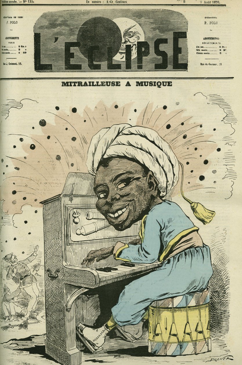 Maskingevær med musik, tegnefilm af Jules Renard Draner (1833-1926), specialist i militærliv blandt alle nationaliteter. Cover i "" L