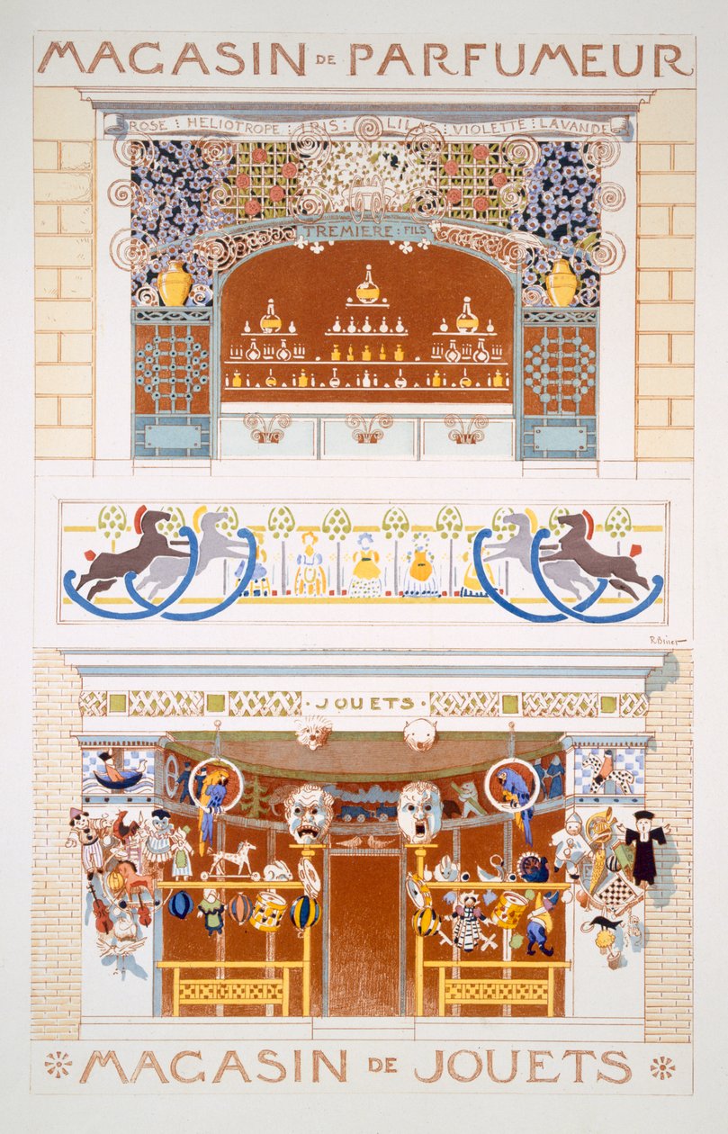 To butiksfacade-designs: En parfumeforhandler og en legetøjsbutik, ca. 1880-95 af Rene Binet