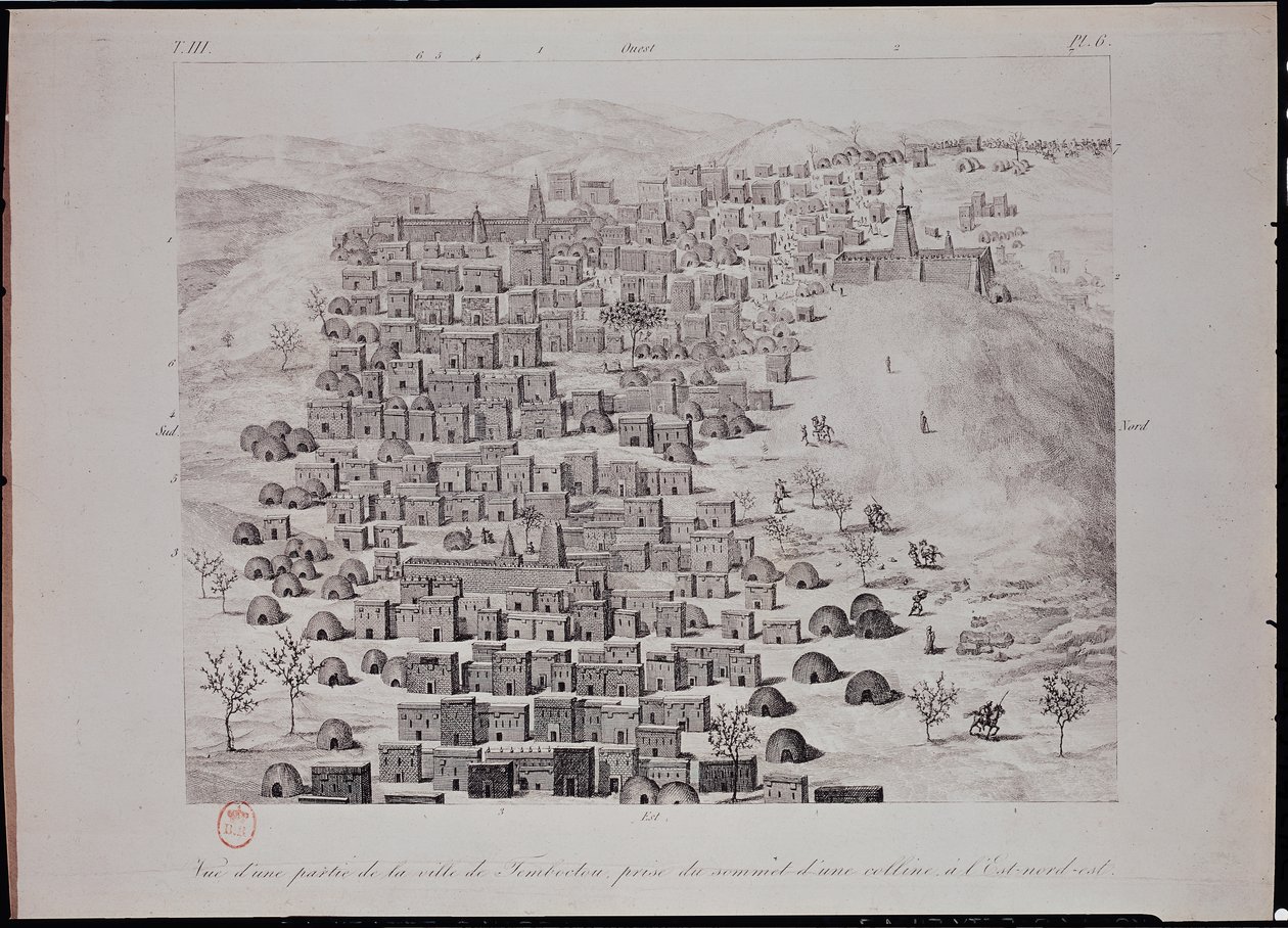 Udsigt over en del af byen Timbuktu fra en bakke, illustration fra 