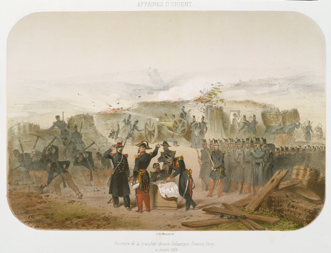 Opbygning af en skyttegrav foran Sebastopol, 10. oktober 1854, 1854 (farvelitografi) af Rene Demoraine
