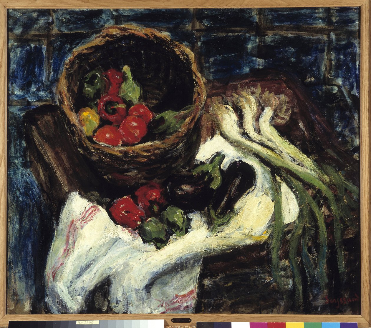 Stilleben i grøntsagskurv, peberfrugter, aubergine og porrer (olie på lærred) af Rene Auguste Seyssaud