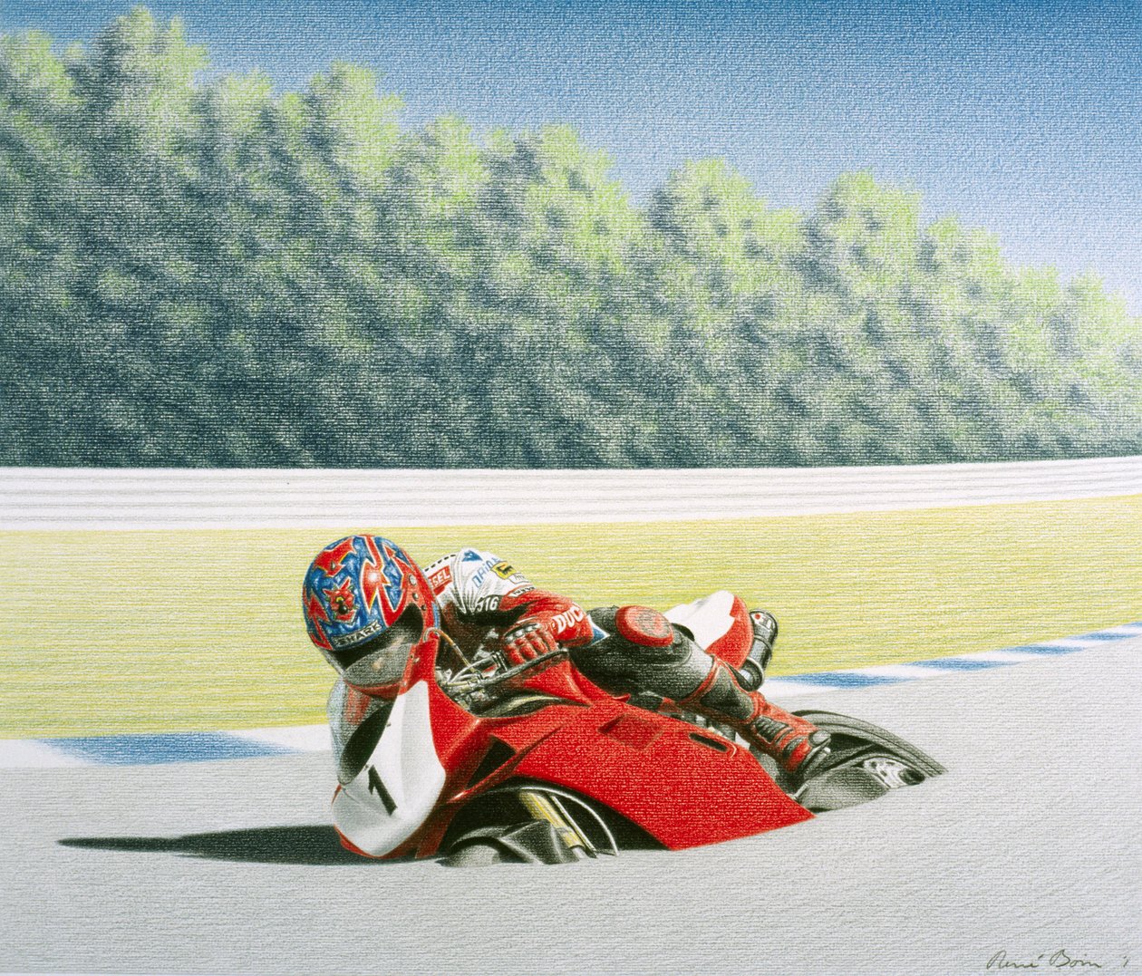 Roadrace, 2001, farveblyantstegning på papir af Rene Boin