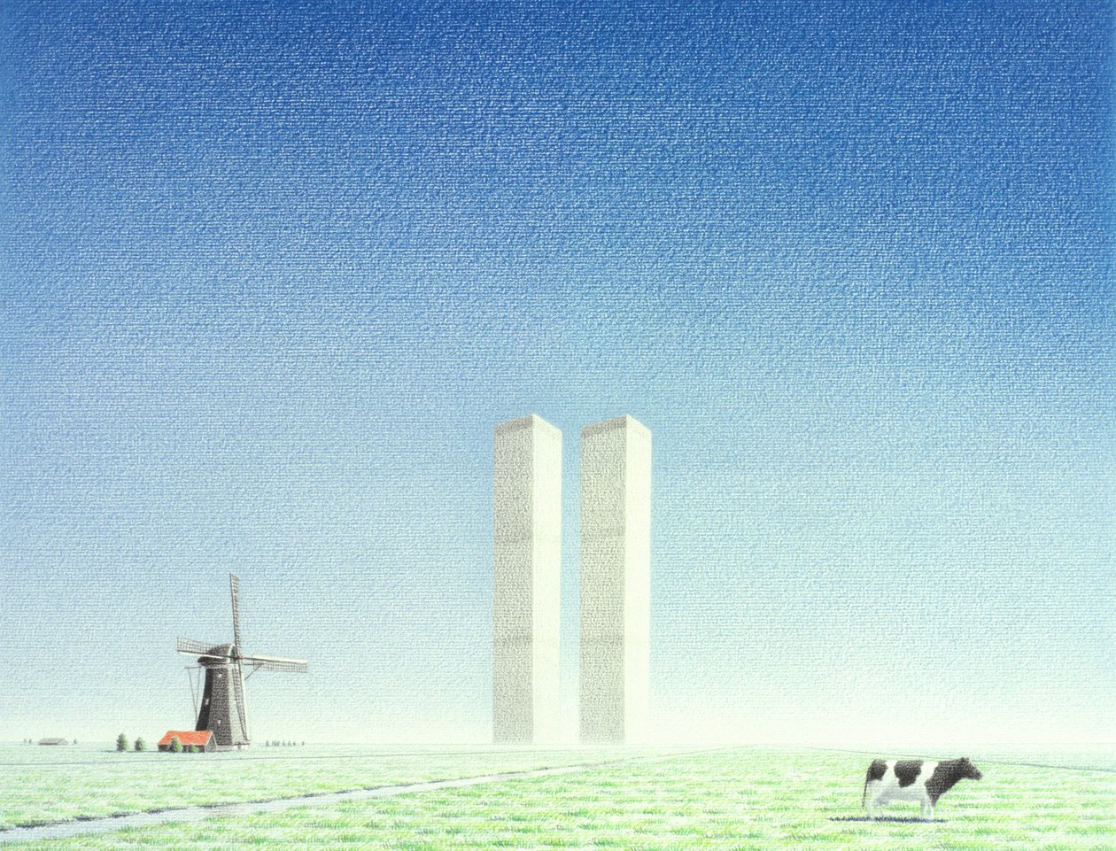 Twin Towers, 2001, farveblyantstegning på papir af Rene Boin