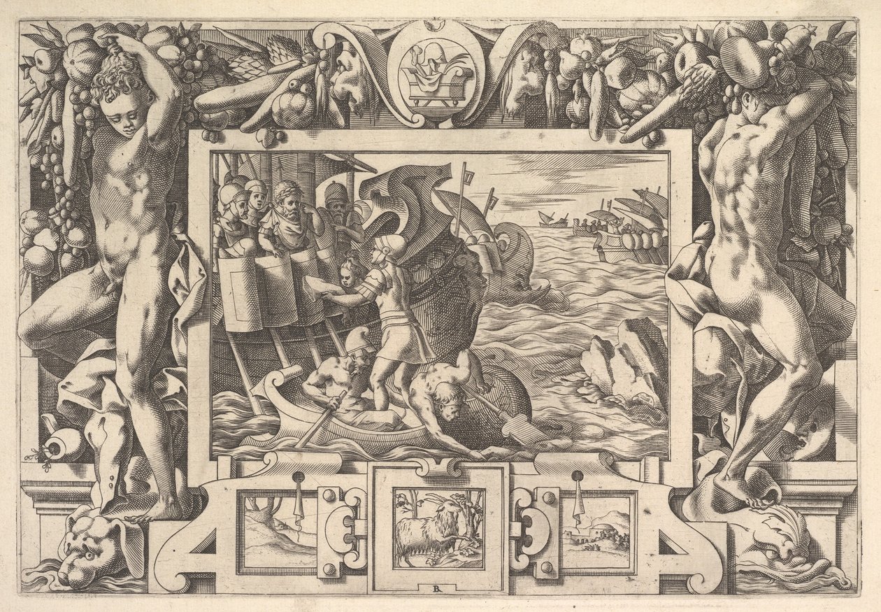 Aeëtes samler Absyrtes lemmer Mens han får lemmerne til at samle sig op, gør grækerne d..., 1563. af Rene Boyvin