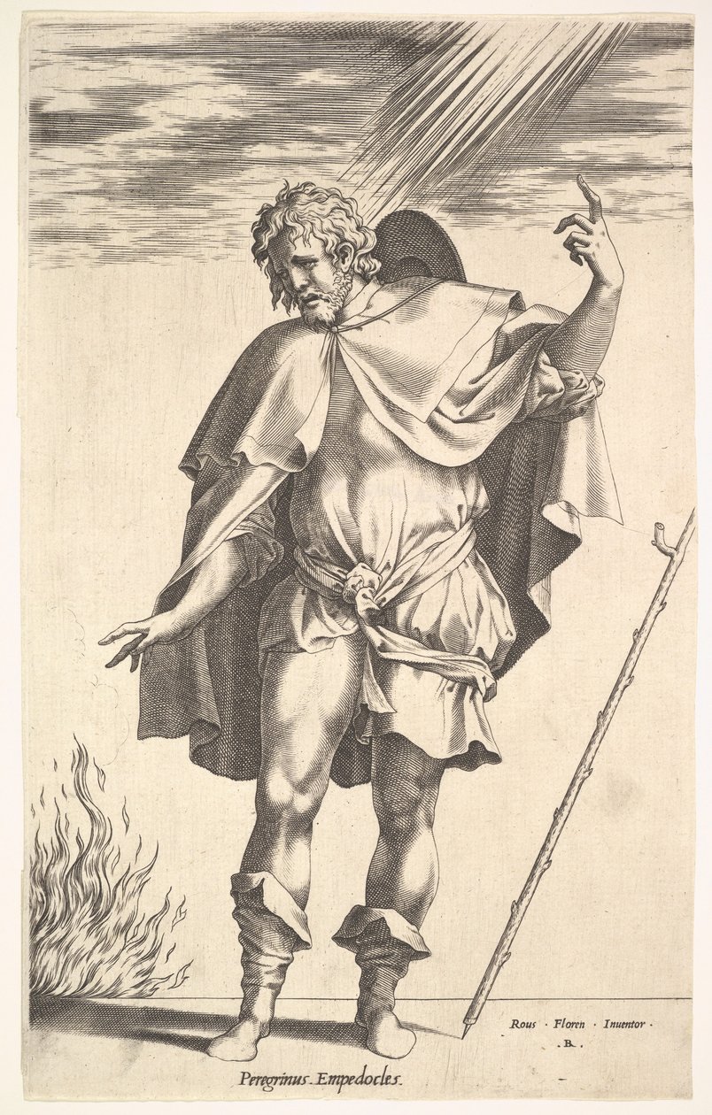 Empedocles, der står frontalt med hovedet vendt i trekvart syn, dirigerer ..., ca. 1545-63. af Rene Boyvin