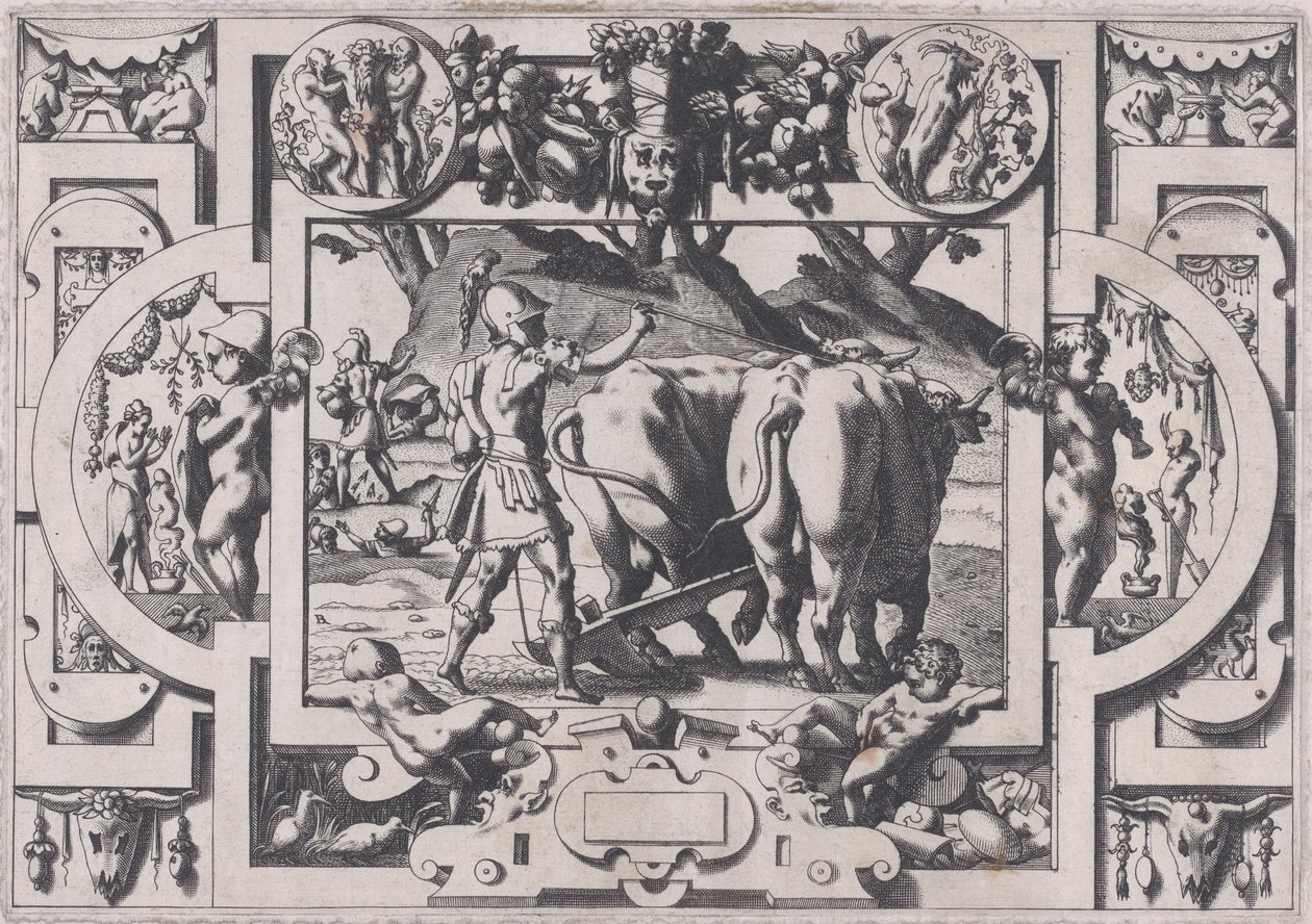 Jason sår dragens tænder Jason tæmmer dem og lænker dem og pløjer deres f..., 1563. af Rene Boyvin