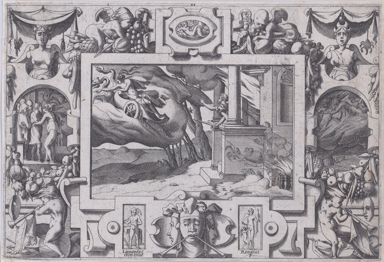 Medea flygter fra Jason Det korthåndede sværd Jason forfølger hende, men kan ikke leve..., 1563. af Rene Boyvin