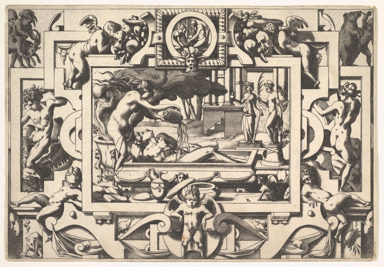 Medea hælder en trylledrikk over Jason King Aeson, så affældig og affældig, i et kar hun..., 1563. af Rene Boyvin