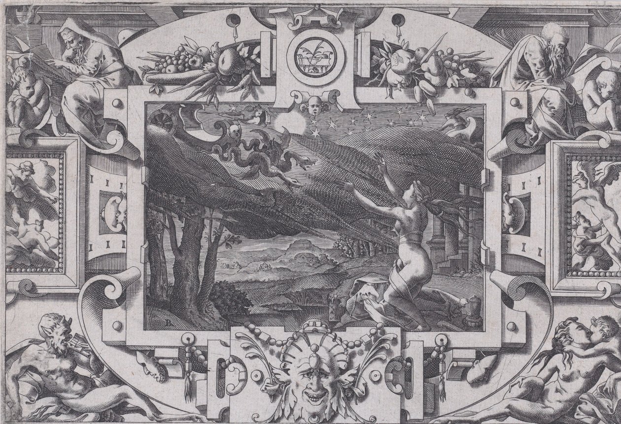 Medea og hendes vogn tegnet af drager Rullet og nøgen en mørk nat, på et øde sted..., 1563. af Rene Boyvin