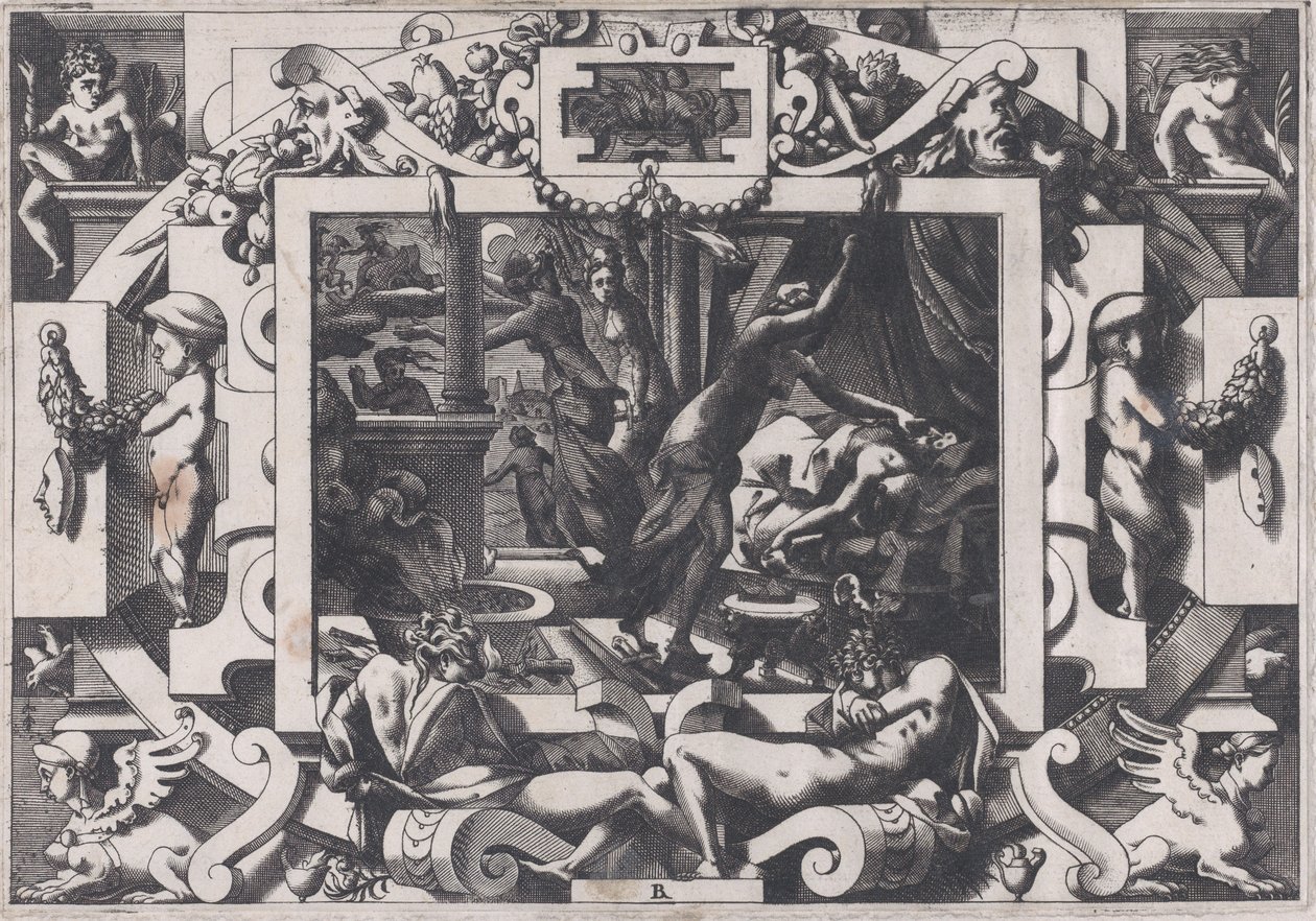 Pelias dræbt af sine døtre, hvis medlidenhed de tager mod hans blod til at tømme af v..., 1563. af Rene Boyvin