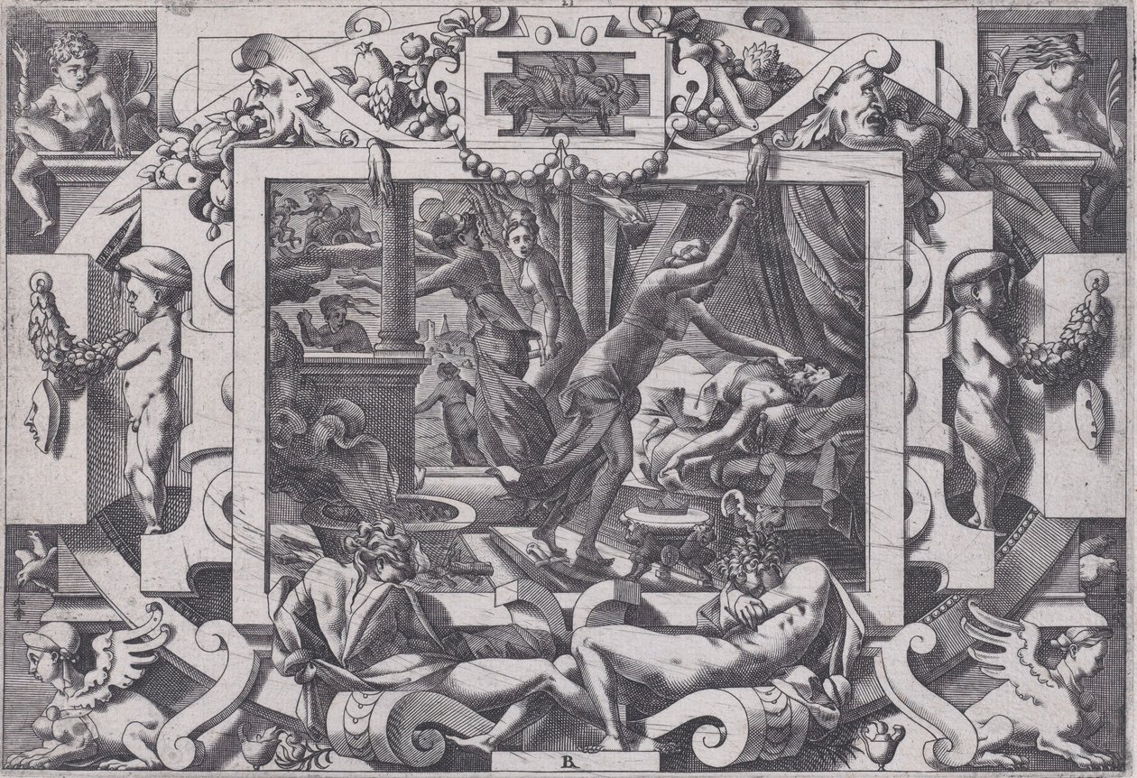 Pelias dræbt af sine døtre, hvis medlidenhed de tager mod hans blod til at tømme af v..., 1563. af Rene Boyvin
