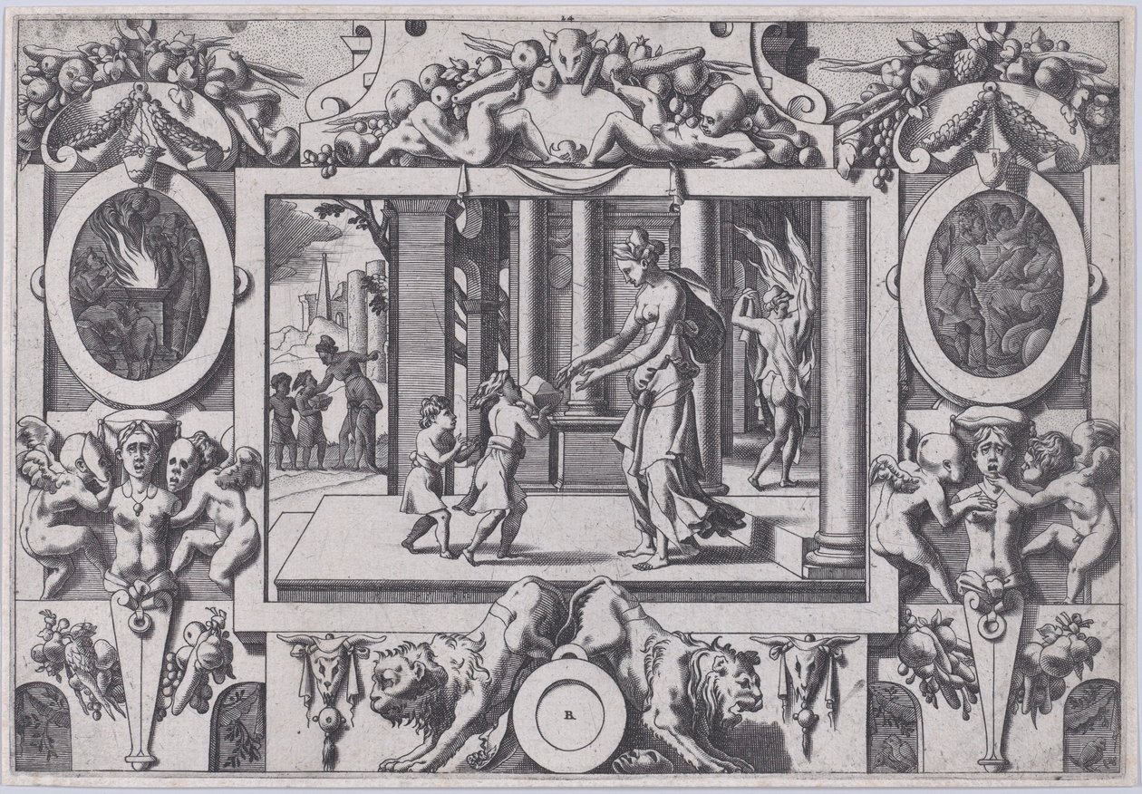 Medeas og Jasons børn giver Creusa den fatale gave af hans to sønner til bryllup..., 1563. af Rene Boyvin