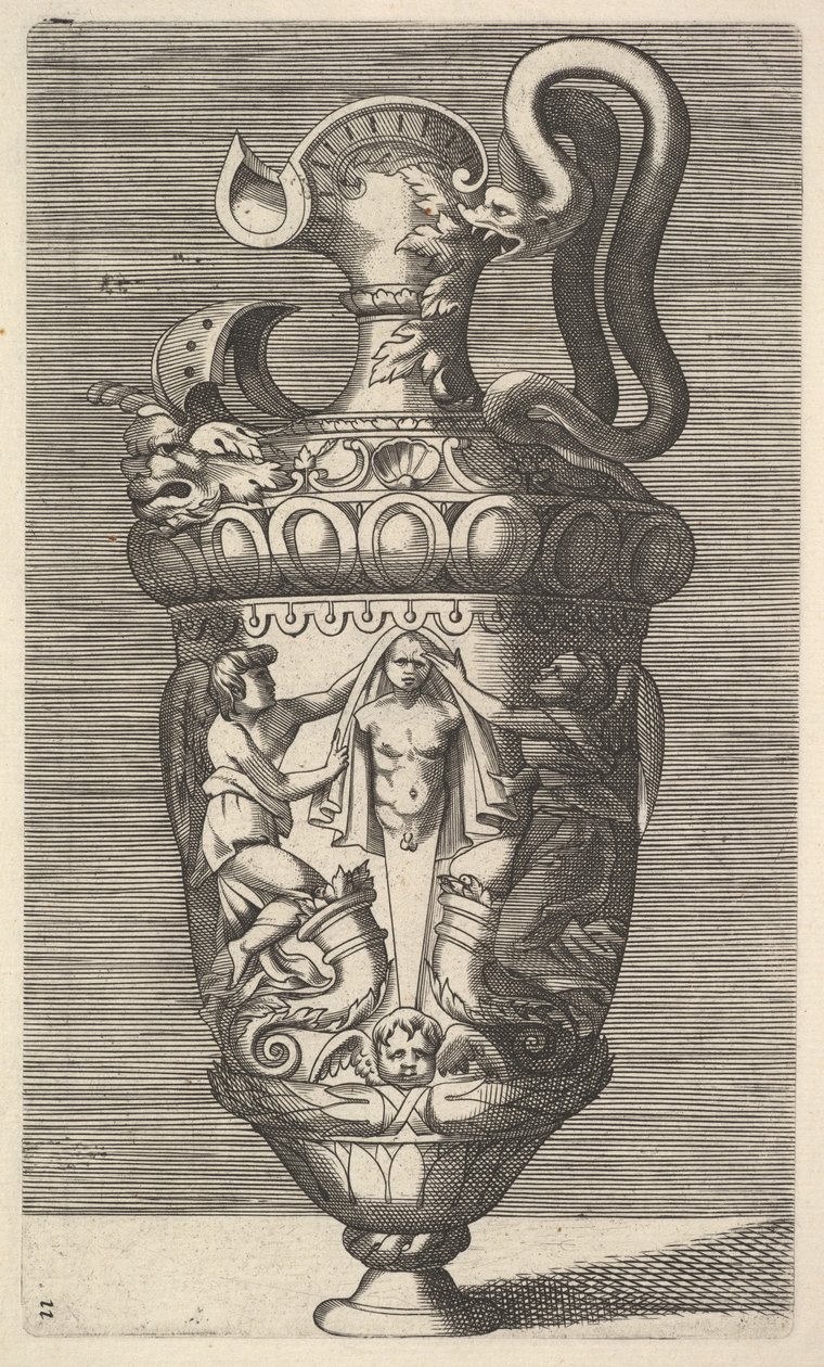 Vase med to vingede figurer, der draperer et udtryk, 1600-tallet. af Rene Boyvin