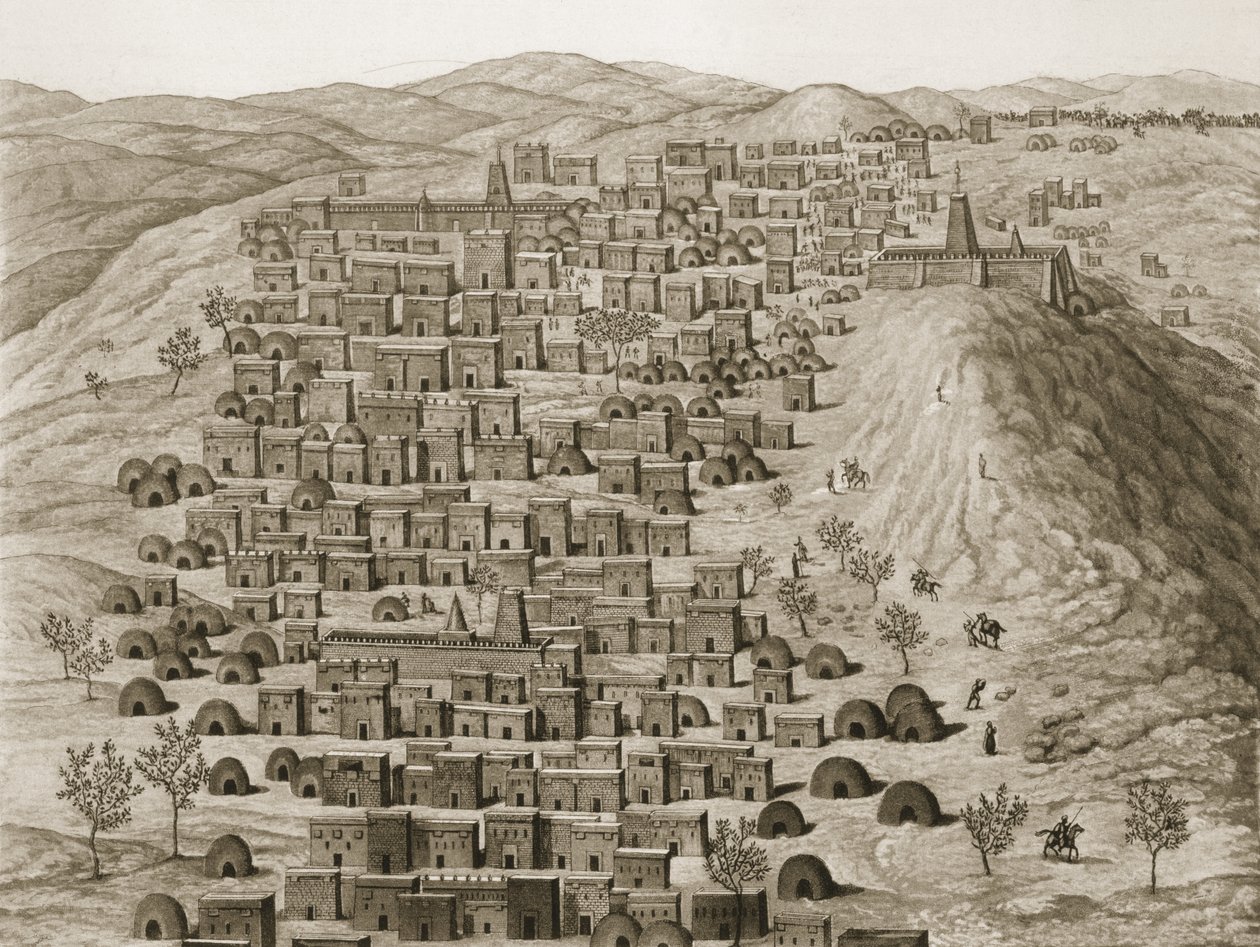 Udsigt over en del af byen Timbuktu fra en bakke, illustration fra Journal dun Voyage a Tombouctou et a Jenne, 1830 af Rene Caillie