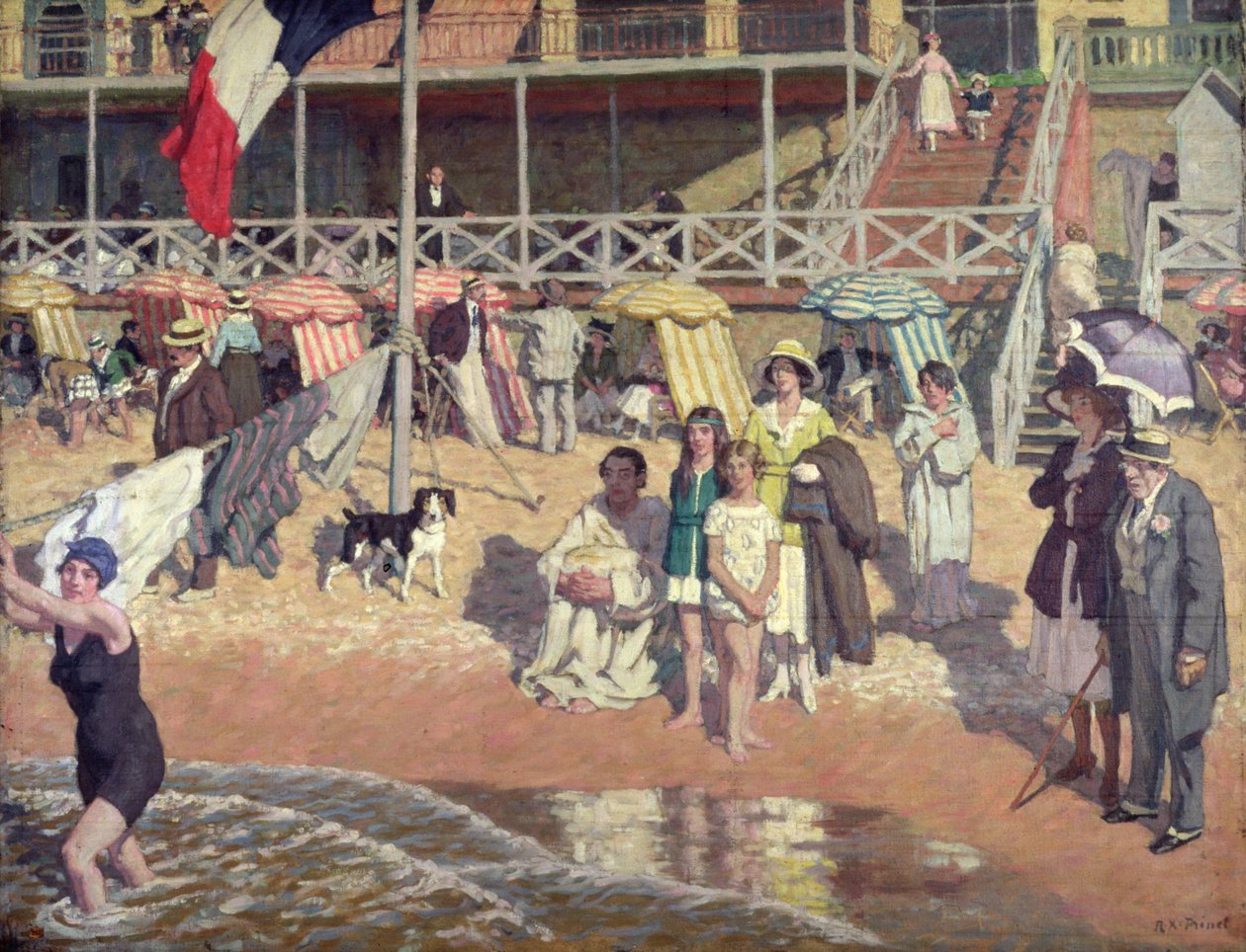 Badende foran Grand Hotel, Cabourg, ca. 1920 (olie på panel) af René François Xavier Prinet