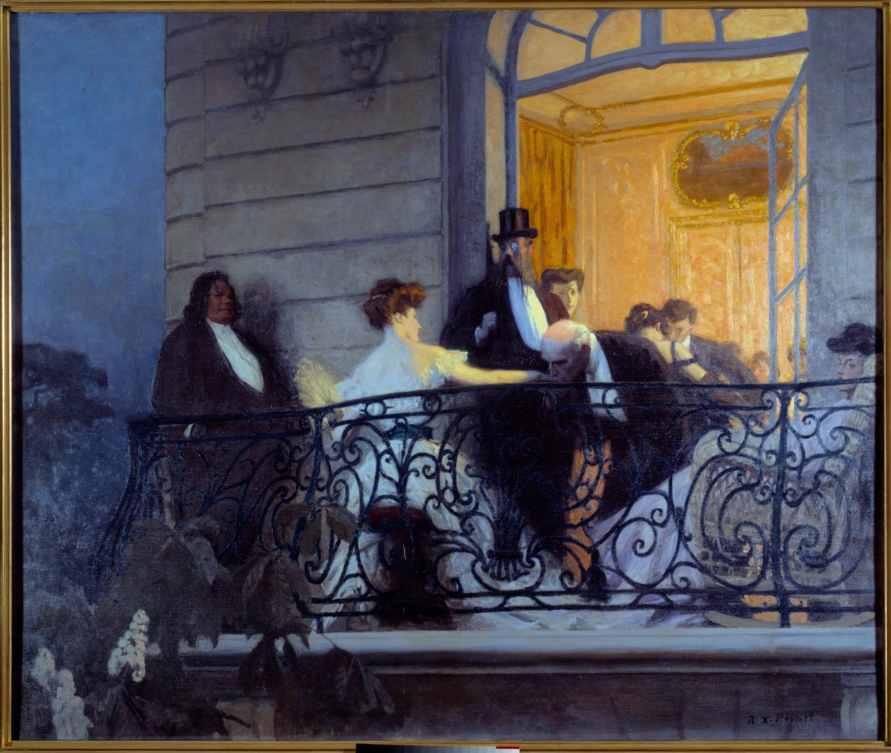 Belle Epoque: “” Balkonen””” Social aften, en mand laver håndsex med værtinden. Maleri af Rene Prinet (1861-1946) 1900 søn. 1,86x1,56 m Caen, Musee des Beaux Arts af René François Xavier Prinet