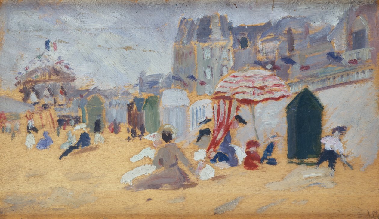 Parasoller og badehytter på stranden (olie på lærred) af René François Xavier Prinet