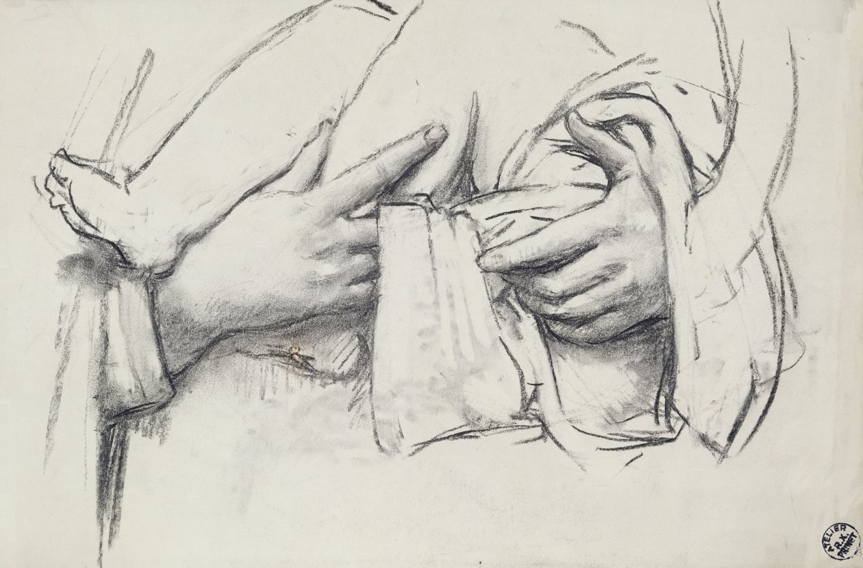 Studie af hånden til Vor Frue af Morienval i Oise, Frankrig (kul på papir) af René François Xavier Prinet