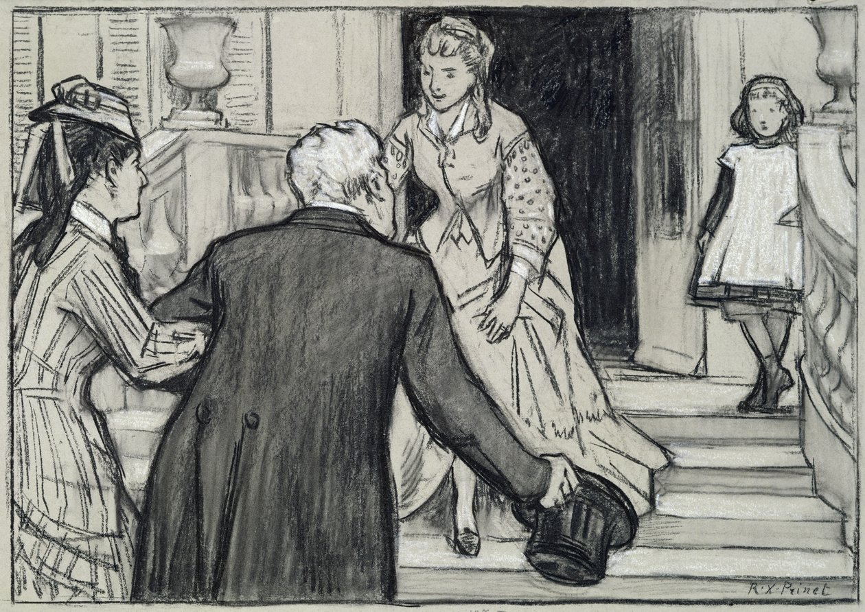 Besøget, illustration fra La Jeune Fille Bien Elevee af Rene Boylesve (sort-hvide kridt på papir) af René François Xavier Prinet