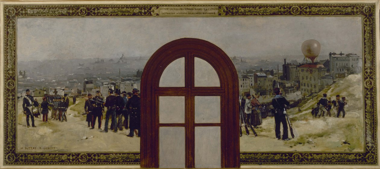 Skitse til præfektens kontor på rådhuset i Paris: Afgang af ballonen "Armand Barbès", instruktion af nationalgarden af Rene Joseph Gilbert