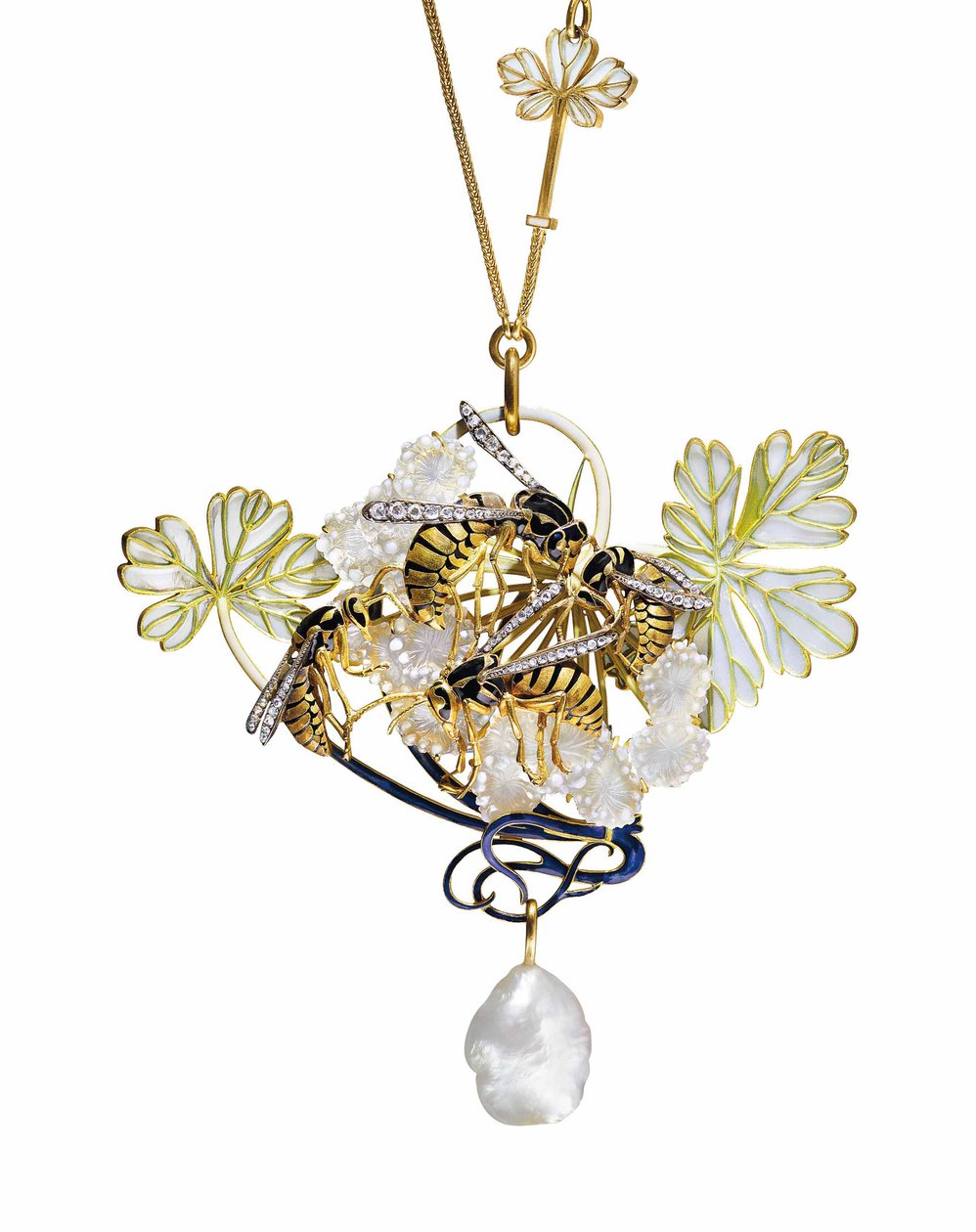 En Art Nouveau emalje, diamant og perle vedhæng halskæde af Rene Jules Lalique