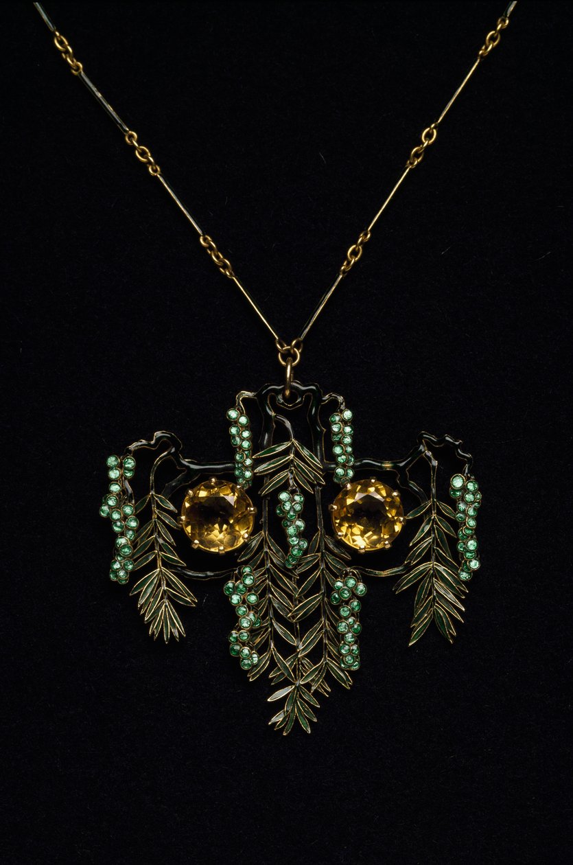 Art Nouveau: halskæde i guld, topas og emalje. Atelier rene Lalique. 1900 Parma, privat samling af Rene Jules Lalique