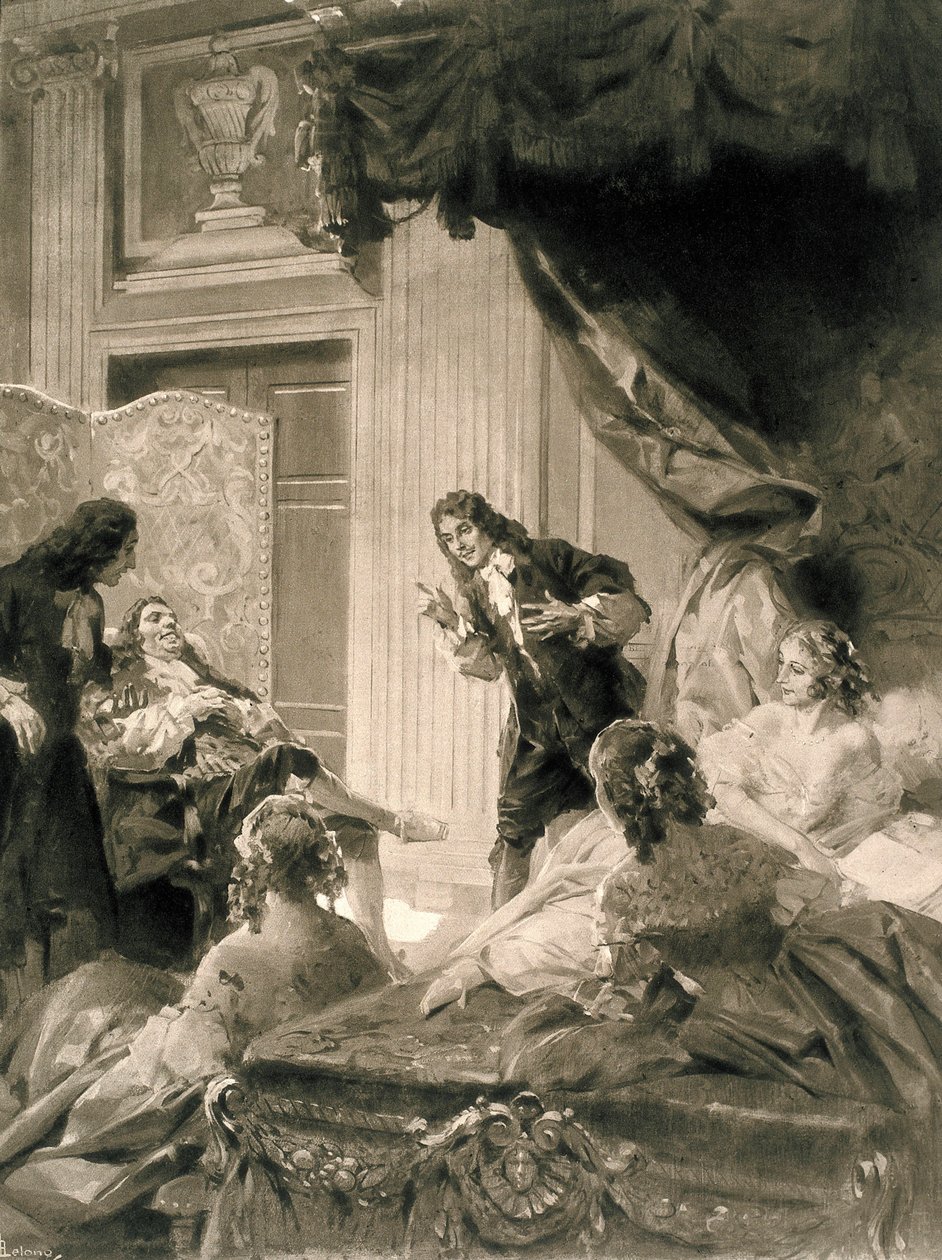 Scene af skuespillet "Le Malade Imaginaire" af Jean Baptiste Poquelin dit MOLIERE (1622-1673), slutningen af det 19. - begyndelsen af det 20. århundrede (maleri) af Rene Lelong