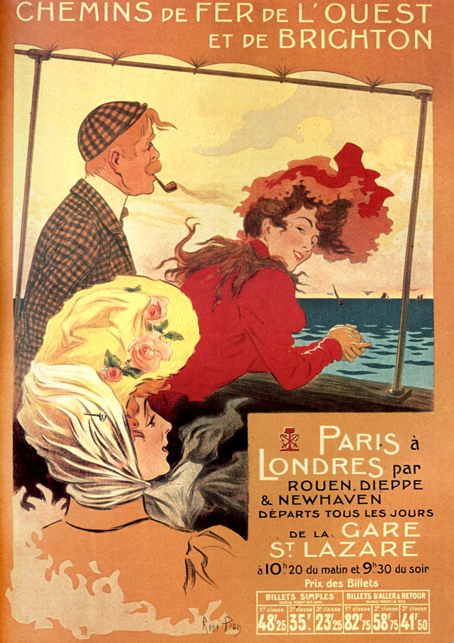 Annonceplakat af Rene Pean for West og Brighton jernbaneselskab for Paris London-linjen via Rouen, Dieppe og Newhaven, slutningen af det 19. århundrede af Rene Pean