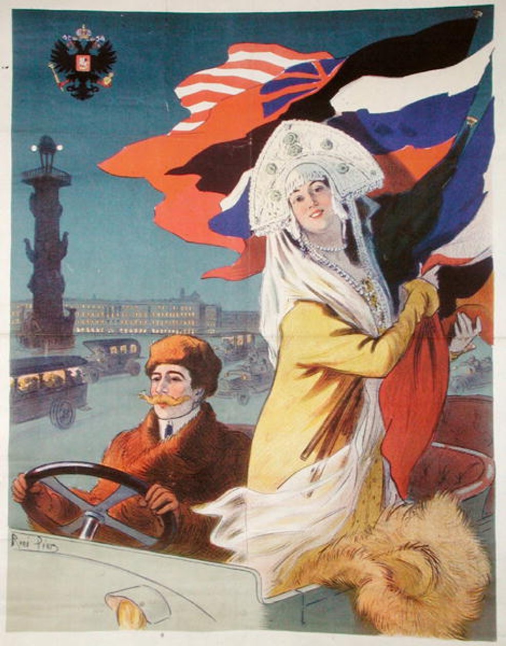 Par i en bil i St. Petersborg, plakat, der reklamerer for en fransk bil bestemt til det russiske marked, ca. 1912 (farve litho) af Rene Pean
