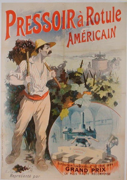 Plakat, der reklamerer for en amerikansk vinpresse, udstillet på Exposition Universelle de Lyon af Rene Pean